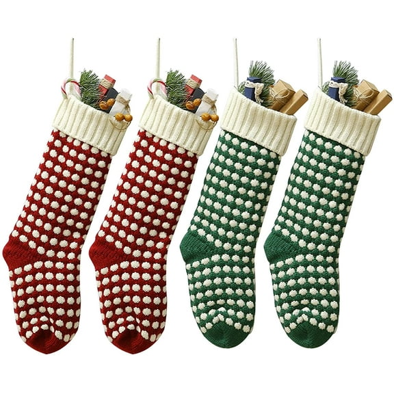 Christmas Stockings 4 Pack,18" Unique Burgundy and Green Knit Christmas Stockings Dots Style (Length 18",Pack 4) 18 Inch
