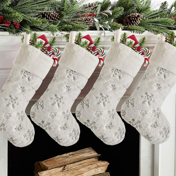 Christmas Stockings 4 Pack 19 Inch, Large Faux Fur Xmas Stocking with Silver Sequin Snowflakes for Family, Country Rustic Personalized Holiday Indoor Decorations, Cream White