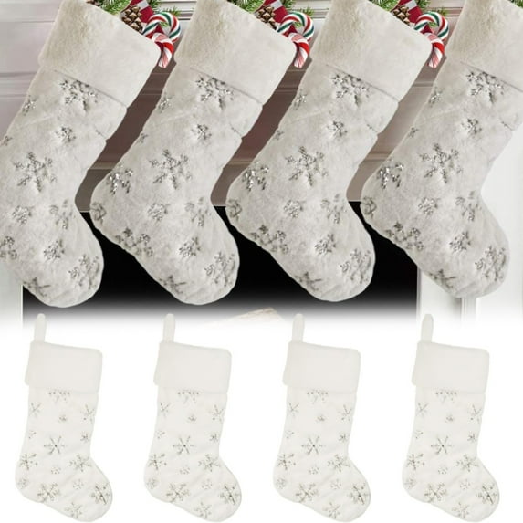 Christmas Stockings 4 Pack 19 Inch Large Faux Xmas Stocking with Silver Sequin Snowflakes for Family Country Rustic Personalized Holiday Indoor Decorations White/ Christmas Stocking Pendant