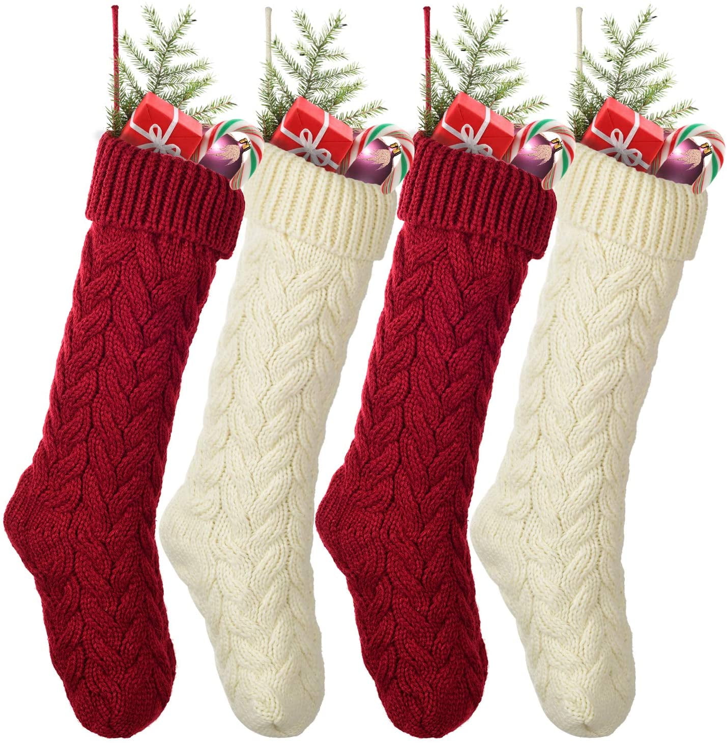 Large Knitted Christmas Stockings in Cream and Burgundy, Set of 4