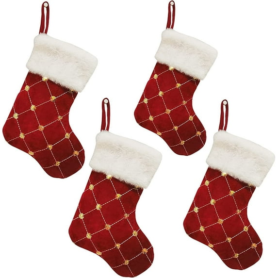 Christmas Stockings 4 Pack for Family, Mini Embroidery Gold Sequins Christmas Stockings Red Luxury Faux Fur Xmas Stocking for Xmas Tree Holiday Party Decoration