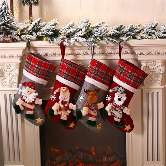 Christmas Stockings, 4 Pack Large Classic Buffalo Plaid Fireplace Hanging Stockings, Snowflake Santa Snowman Reindeer Hanging Socks Ornament Socks for Christmas Party Decorations
