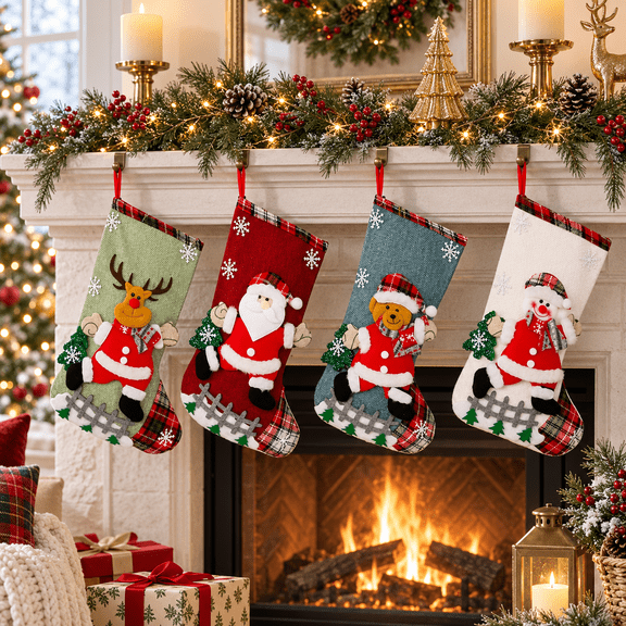 Christmas Stockings 4 Pack, Rustic Linen Xmas Stockings with Santa Claus, Reindeer, Snowman and Bear, Plaid Holiday Stocking Set for Fireplace, Staircase and Christmas Home Decorations