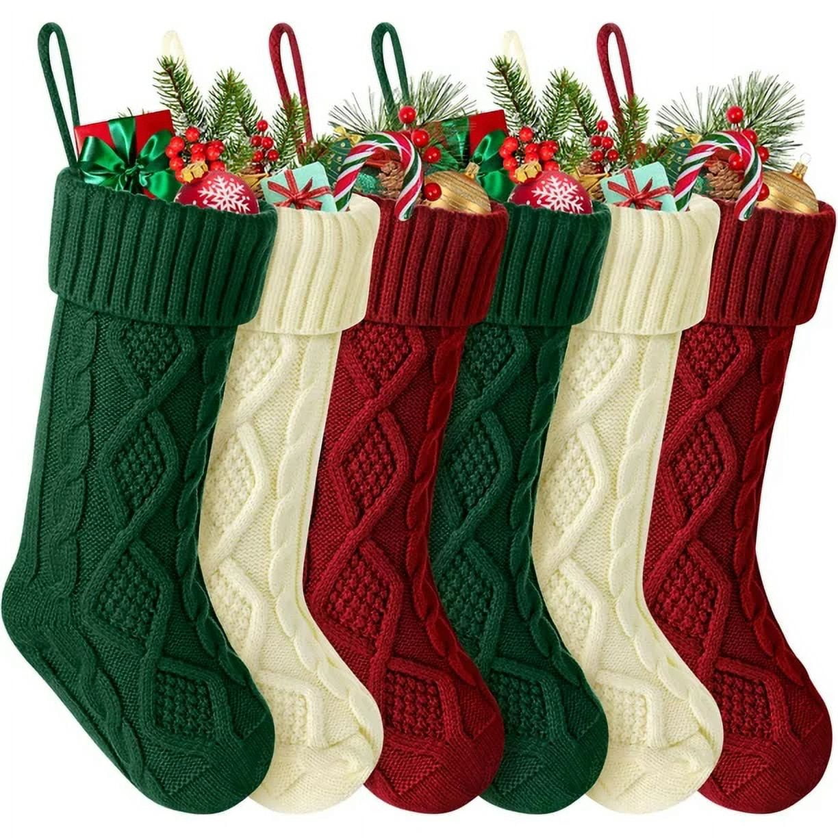 18-Inch Burgundy, Ivory, Green Cable Knit Christmas Stockings, Set of 6