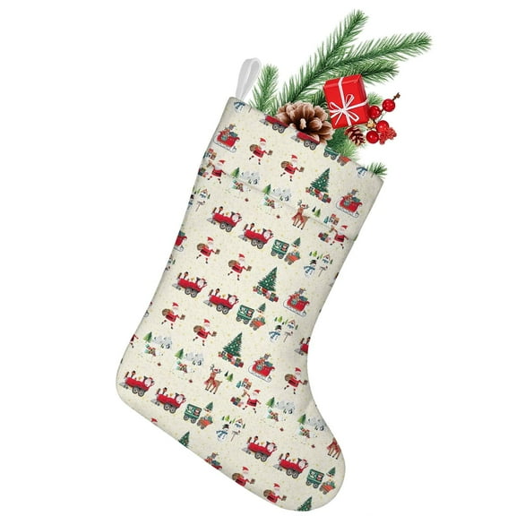 Christmas Stockings,Beige Christmas Santa and Train Pattern Stockings Christmas,14.8'' Xmas Stockings,Christmas Party Favors,Christmas Party Decorations,Christmas Stockings Personalized