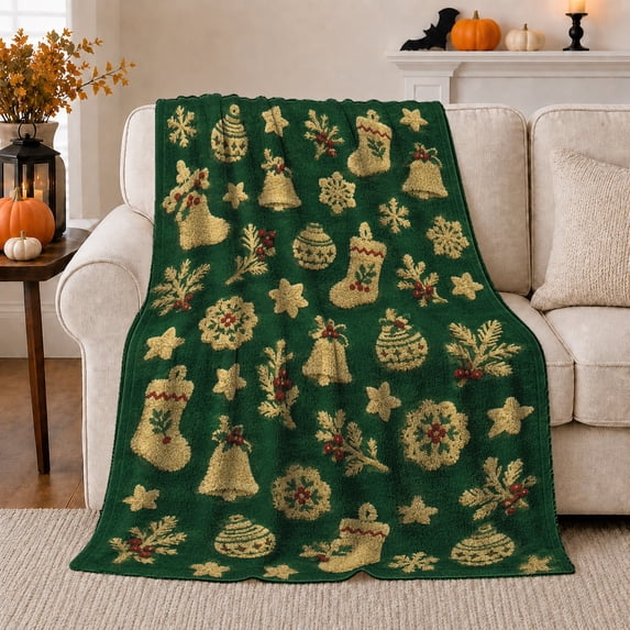 Christmas Stockings Bells Wreaths and Holly on Green, Festive Folk Art Style for Holiday Lovers, Warm Flannel Blanket for Living Room and Family Room, Christmas Gift, Home Decor