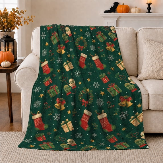 Christmas Stockings Boxes Holiday Motifs, Festive Holiday Scene, Warm Flannel Blanket for Living Room and Reading Nook, Art Lovers Christmas Gift, Festive Home Decor