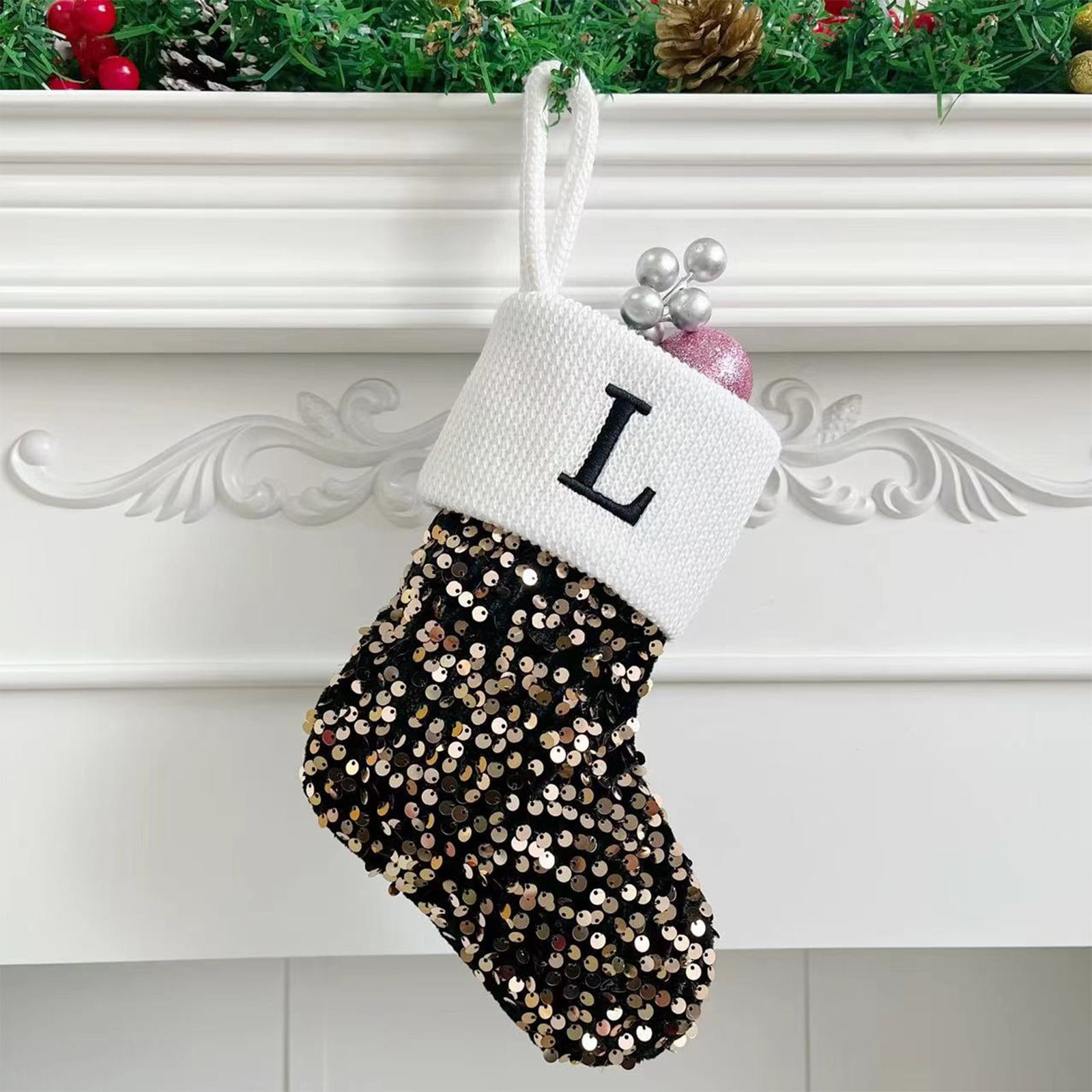 Christmas Stockings Cameland Large Embroidered Letter Knit Black Gold ...