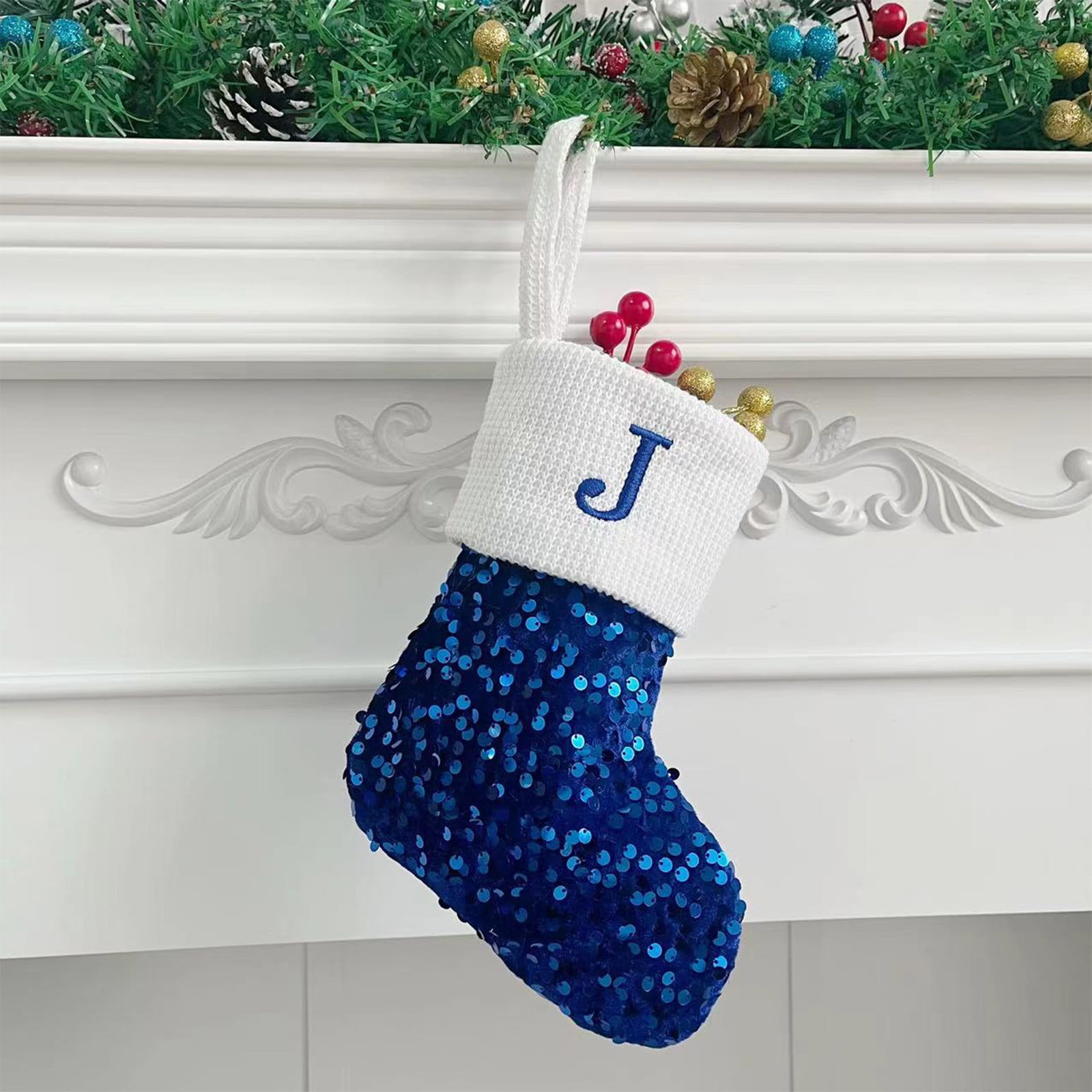Christmas Stockings Cameland Large Embroidered Letter Knit Blue White