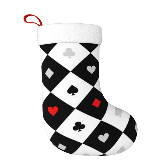 Christmas Stockings Card Suits Chess Board Background Large Hanging Xmas Sock Gift Bag Classic Fireplace Decor for Home, Party, and Family Celebration