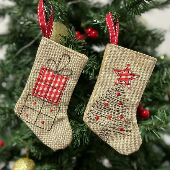 Christmas Stockings,Christmas Tree Decorations Linen Embroidered Christmas Socks Grey Candy Gift Socks Ornament Decorations for Family Holiday Xmas Party Decorations