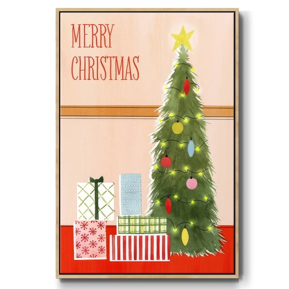 Christmas Stockings Collection B - Framed Gallery Wrapped Holiday Canvas - 17 x 25 - Natural Wood Frame