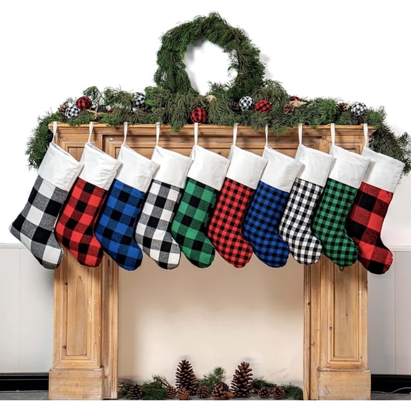 Christmas Stockings Decorations 18 inches Red Buffalo Plaid Xmas Ornaments Cotton with Embroidered Decor for Family Decorations Hanging Ornament for Xmas Holiday Party