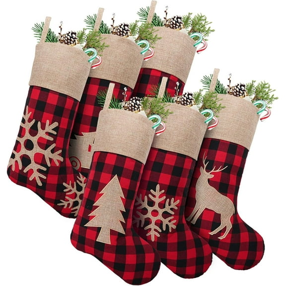Christmas Stockings Decorations 6 Pack, 18 inches Red Black Buffalo Plaid Xmas Ornaments, Rustic Cotton Linen with Embroidered Burlap, DIY Personalized Farmhouse Decor for Home Family Party Tree