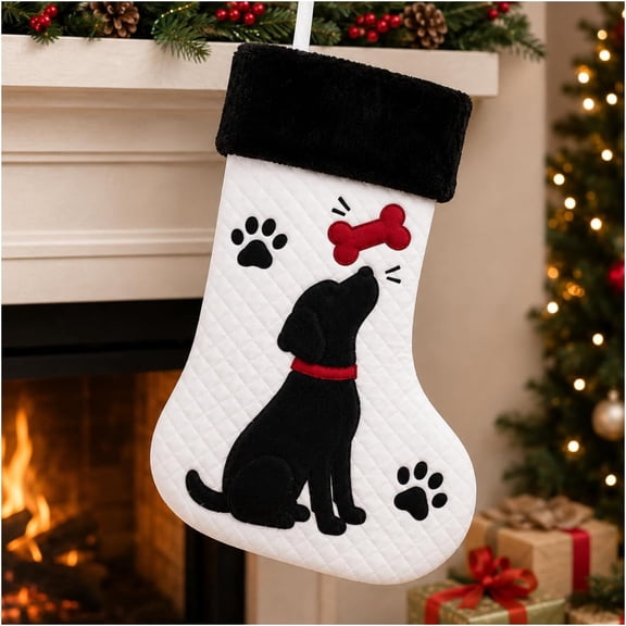 Christmas Stockings Dog 21Inch Large Pet Christmas Stocking with Black Dog and Bone Stockings for Dog Lovers Xmas Stocking Luxurious Velvet Red Black White Stockings for Christmas Fireplace Holiday