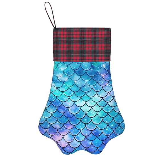 Christmas Stockings Dog Cat Pet Paw Xmas Tree Stockings Fireplace Hanging Party Decorations Gift, Mermaid Scales Fish Scale Blue
