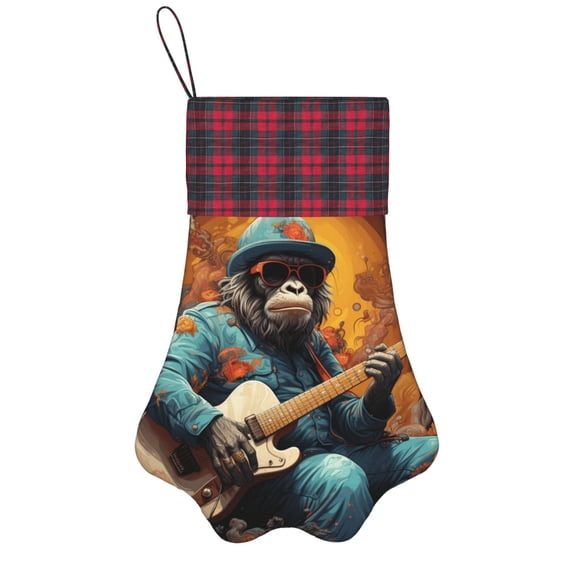 Christmas Stockings Dog Cat Pet Paw Xmas Tree Stockings Fireplace Hanging Party Decorations Gift, Monkey Playing Guitar Cool