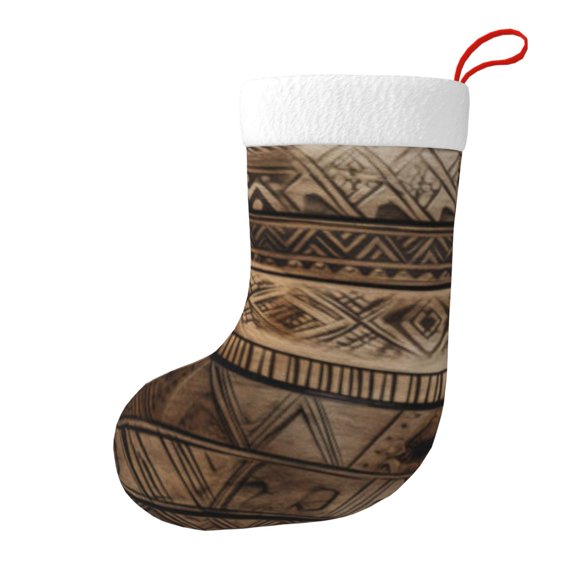 Christmas Stockings Engraved Tribal Rustic Wooden Large Hanging Xmas Sock Gift Bag Classic Fireplace Decor for Home, Party, and Family Celebration