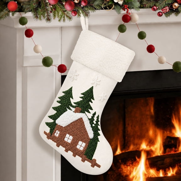 Christmas Stockings Farmhouse Woodland 21'' Large White Christmas Stocking Rustic Farmhouse Embroidered Farmhouse Xmas Stocking with Forest for Fireplace Christmas Tree Holiday Home Decor Kids Adults
