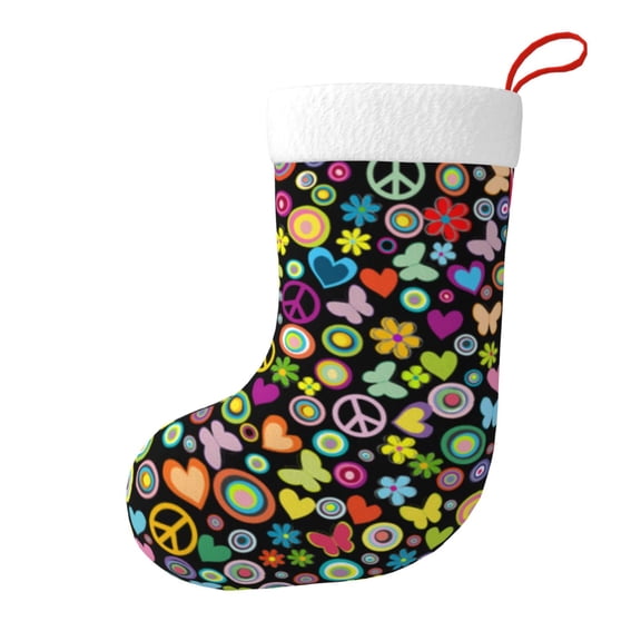 Christmas Stockings Flowers Circles Hearts Butterflies And Peace Signs Large Hanging Xmas Sock Gift Bag Classic Fireplace Decor for Home, Party, and Family Celebration
