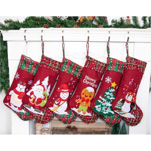 Christmas Stockings GEX 21" 2025 Embroidered Linen Applique Burlap Fireplace Hanging Christmas Ornament for Family Decorations Holiday Xmas Gift New 6 Pack