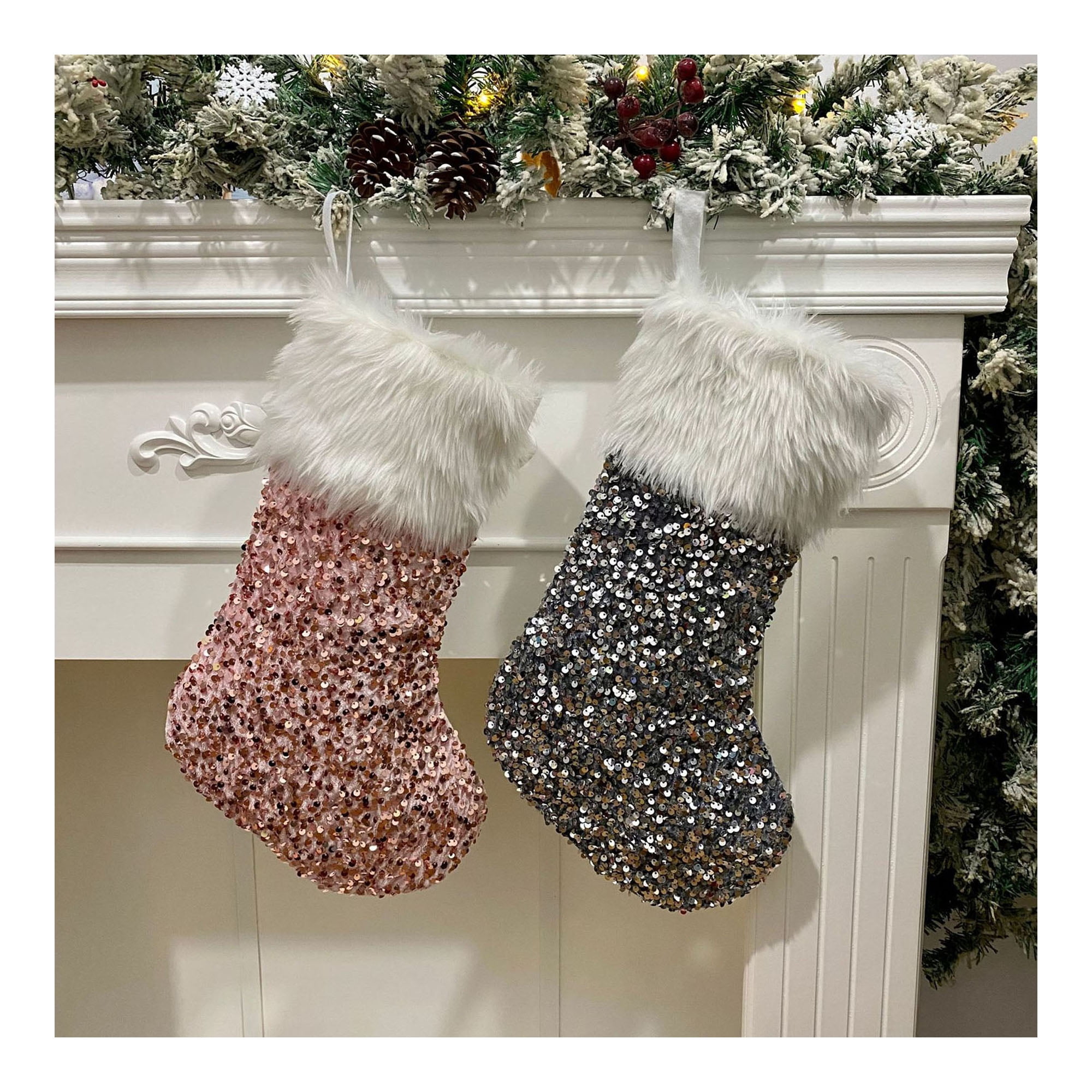 Christmas Stockings Hanging Ornaments, Plush Sequins Stocking for ...