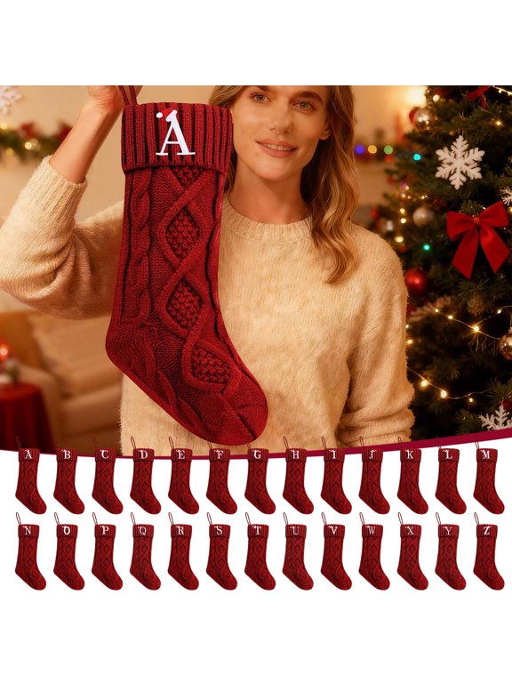 Christmas Stockings, Initial Letter Christmas Stocking, Wool Knit Embroidered Initial W Cable Pattern, Cable Knit Hanging Gift Bag, for Mantel Tree and Holiday Home Decor, Red