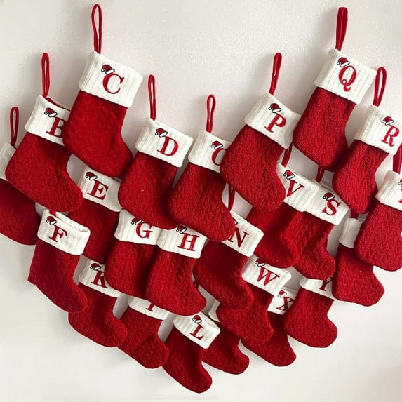 Vorkoi Christmas Stockings with Initials, 11.8Inches Embroidered Letter Knit Red White Christmas Stocking, Holiday and Family Stocking for Fireplace Christmas Holiday Party Decoration