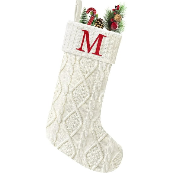 Christmas Stockings with Initials, 20” Large Embroidered Monogram Knitted Stockings for Family, Kids, Xmas Holiday Party Gifts & Decoration for Fireplace, White