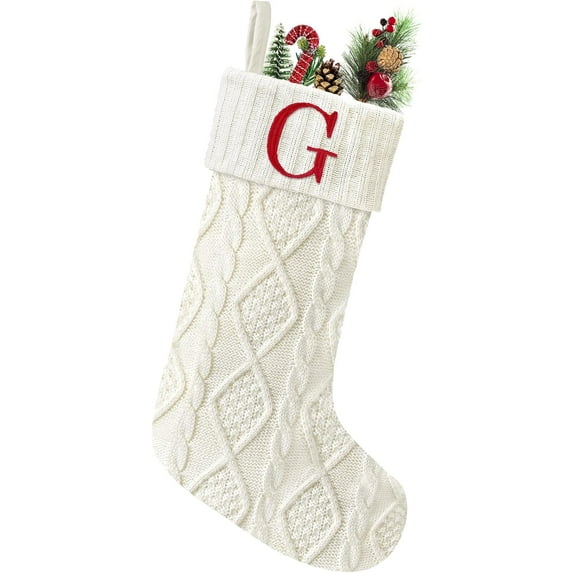 Christmas Stockings with Initials, 20” Large Embroidered Monogram Knitted Stockings for Family, Kids, Xmas Holiday Party Gifts & Decoration for Fireplace, White