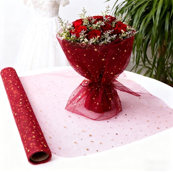 Colorful Mesh Fabric Roll with Star Patterns,Holiday Gift Packaging Material for Flowers Presents Craft Wrapping,Durable Reusable Roll for Christmas Birthdays Valentine's Day Gift Decor-Red