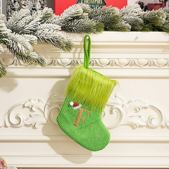 Christmas Stockings with Initials, 7.9" Large Embroidered Monogram Knit Christmas Green Plush Stocking,Xmas Stocking for Holiday and Family Stocking for Fireplace or Party Decoration
