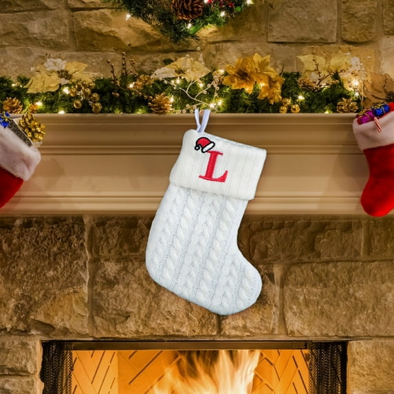 Christmas Stockings with Initials, Christmas Decorations Children's Knitted White Embroidered Letter Christmas Socks Christmas Day Decoration, Christmas Fireplace Decor, Christmas Home Decor
