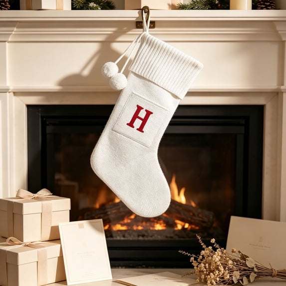 Christmas Stockings with Initials, Personalized Embroidered Monogram 16.5 Inches Knitted Christmas Stockings Fireplace Xmas Stockings for Family Holiday Party Decoration White Red Letter, 1Pcs