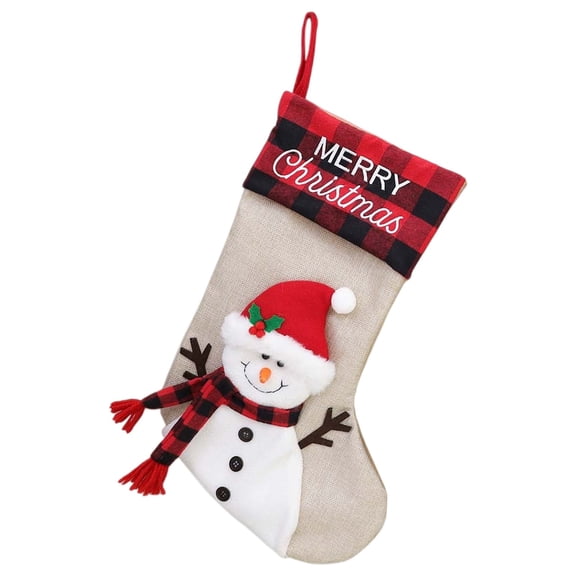 Christmas Stockings Kit 3D Santa Snowman Bear Reindeer Flax Socks Holders Ornament Gift Bags Red Black Plaid Large Hanging Socks for Family Xmas Fireplace Family Holiday Decorations