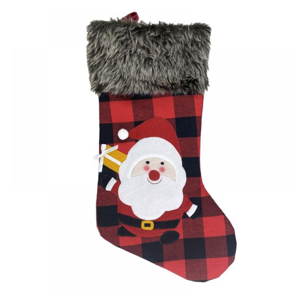 Christmas Stockings, Large 18" Xmas Stockings, Burlap Plaid Style Plush Faux Fur Cuff with Santa Snowman Reindeer Christmas Tree Pattern