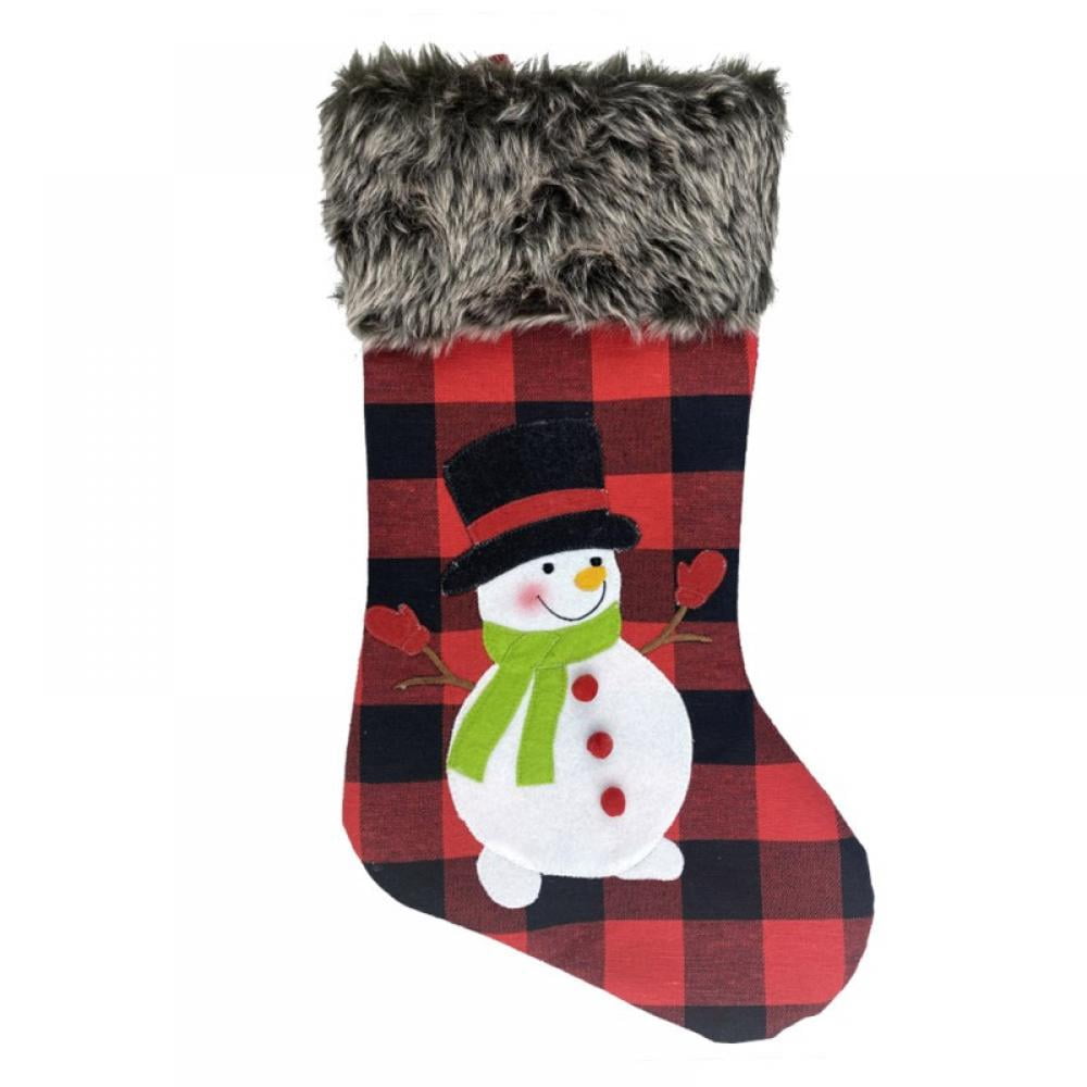 Christmas Stockings, Large 18" Xmas Stockings, Burlap Plaid Style Plush Faux Fur Cuff with Santa Snowman Reindeer Christmas Tree Pattern