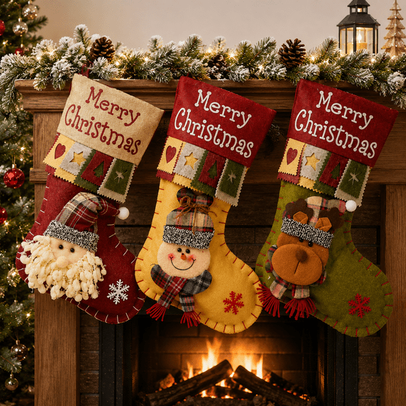 Baxlen Christmas Stockings Large 3D Plush Santa, Snowman, Reindeer 3 Pack 18 inch