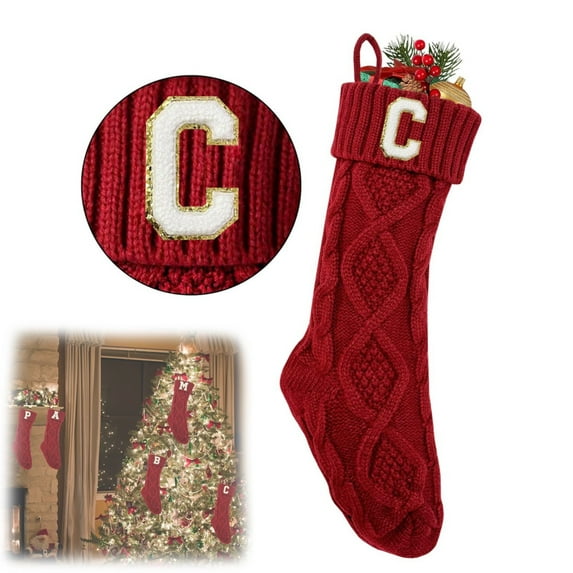 Christmas Stockings Large Plush Faux Xmas Stocking with Golden Snowflake for Family Holiday Xmas Personalized Decorations/ Alphabet Az Christmas Stocking Pendant C