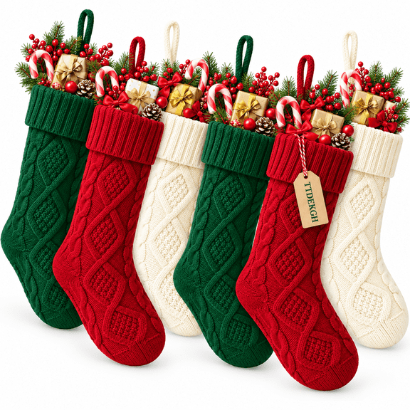 Christmas Stockings Large Traditional 6 Pack Knitted Bulk Socks Decoration Family Big Stickings Cheap Holiday Chunky Set Giant Oversized Cream