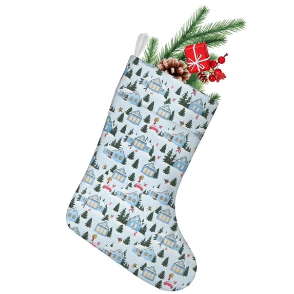 Christmas Stockings,Light Blue Christmas House and Tree Pattern Stockings Christmas,14.8'' Xmas Stockings,Christmas Party Favors,Christmas Party Decorations,Christmas Stockings Personalized