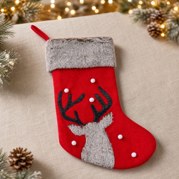 Christmas Stockings New Christmas Decorations Cute Deer Head Socks Plush Candy Gift Bag Socks Christmas Tree Pendants Santa Stockings(RED)