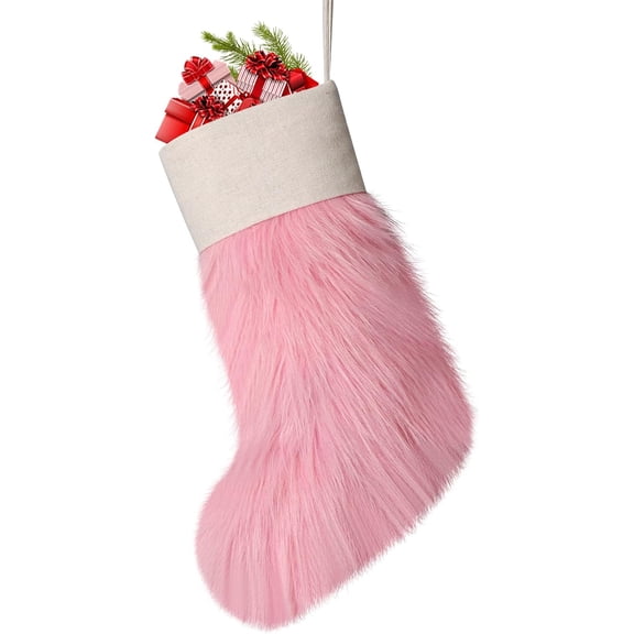 Christmas Stockings Pink Faux Fur Stockings for Christmas Decorations Farmhouse Rustic Large Christmas Stocking for Fireplace Decor Christmas Ornaments Gift Bags