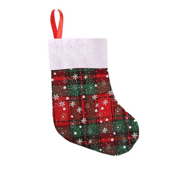 Christmas Stockings Plaid Snowflake Pattern Hanging Decor Fluffy Top Reusable Gifts Holders Xmas Holiday Party Tree Pendant