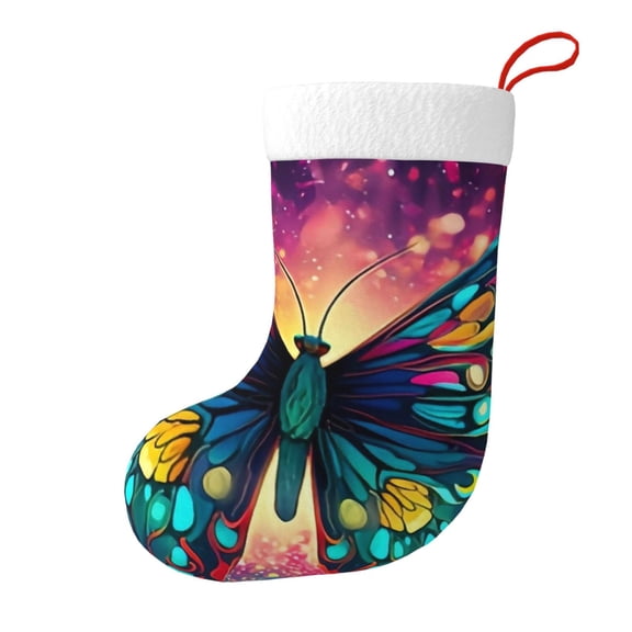 Christmas Stockings Psychedelic Trippy Butterfly Cartoon 70s Rave Style Large Hanging Xmas Sock Gift Bag Classic Fireplace Decor for Home, Party, and Family Celebration