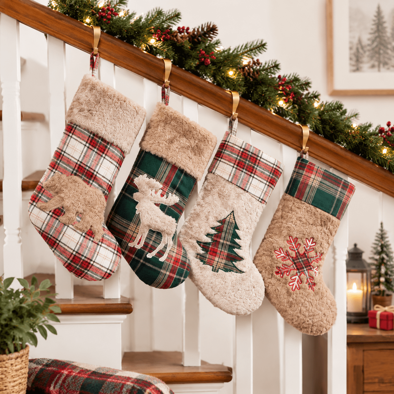 Rustic Design Clothes Christmas Stockings, Red Green Plaid, 4 Pack, Rustic Farmhouse Holiday ...