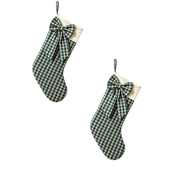 Christmas Stockings with Retro Bow,2 Pack 18-Inch Plaid-Inspired Holiday Stocking Set for Fireplace Mantel, Stair Rail, Door & Farmhouse Decor Green Stripe