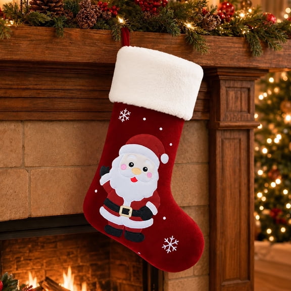 Christmas Stockings Santa 20Inch Large Red Plush Christmas Stocking White Sherpa Cuff Embroidered Santa Claus Snowflake Stocking for Christmas Family Kids Holiday Fireplace Mantel Tree Hanging Decor