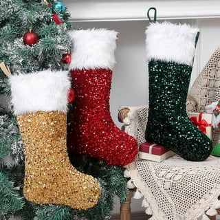 ChYoung Christmas Stockings, White Red Velvet Quilted Christmas Stocking Kit 18 inch Large Gold Sequins Fuzzy Cuff Stuffers Bags Ornament Family Xmas Party