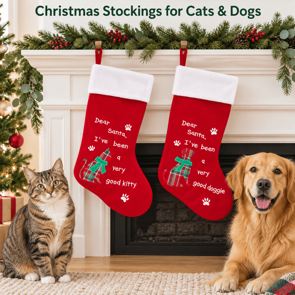 Christmas Stockings Set of 2, 19.2 Inch Dog and Cat Stockings with White Cuffs, Plaid Designs and Hanging Loops for Holiday Mantel Decor Red and White